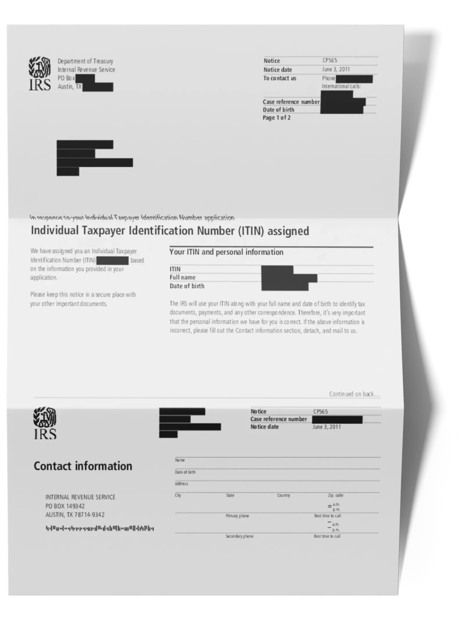 IRS CP-565 ITIN approval letter